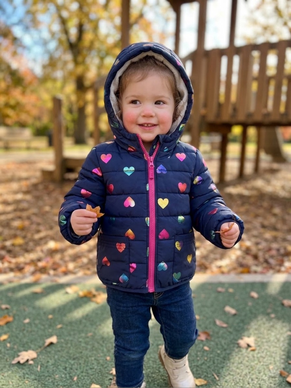 Carter's Navy Puffer Jacket with Multicolor Hearts and Pink Zipper